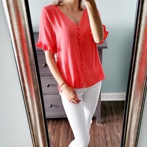CeCe | Coral Red Short Sleeve Top